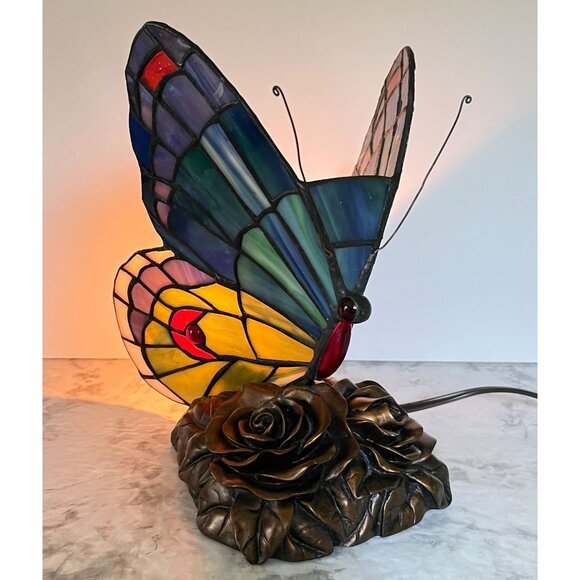Tiffany Style Butterfly Accent Lamp Night Light Vintage Slag Glass Rose Base - Picture 4 of 16